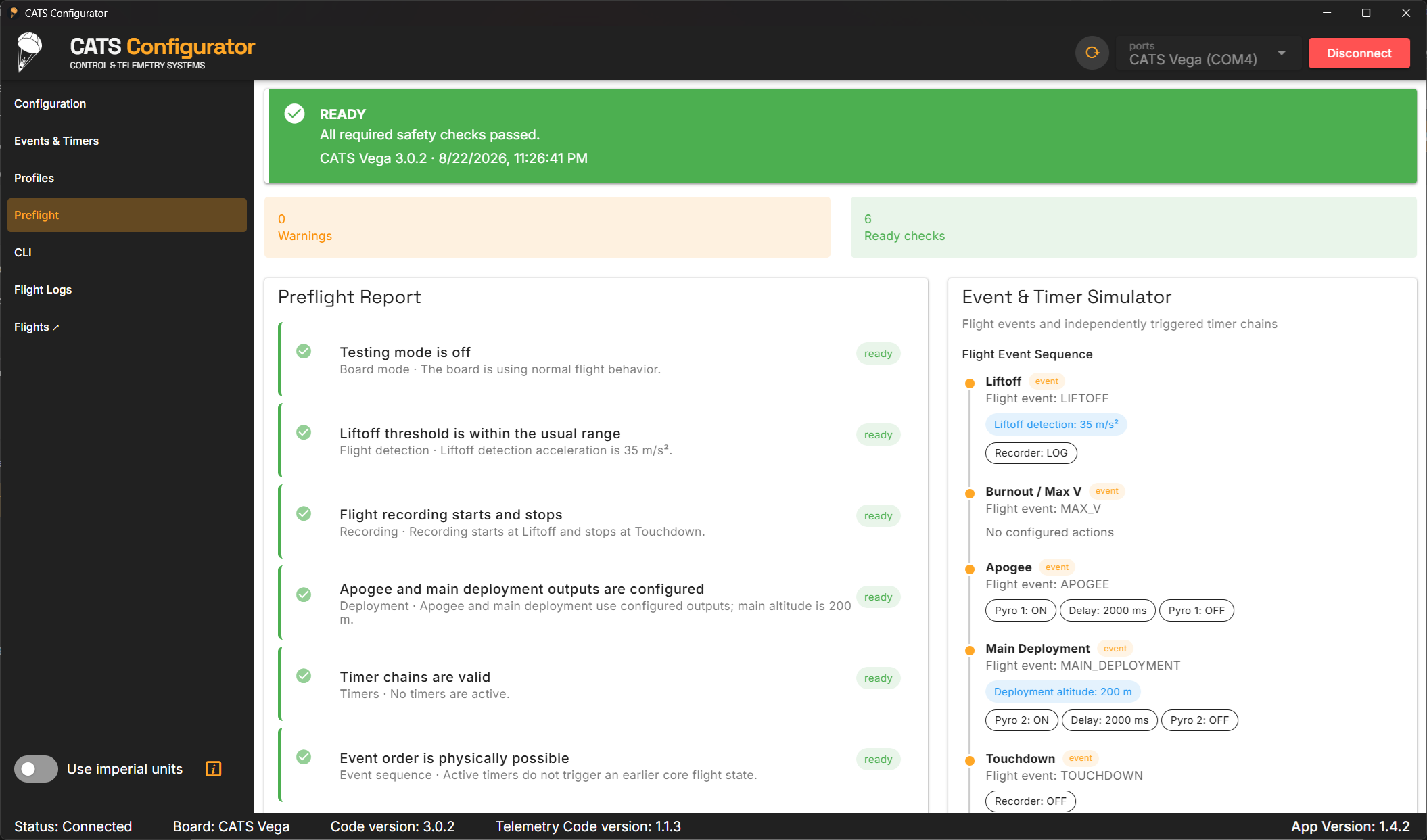CATS Configurator preflight report and flight sequence